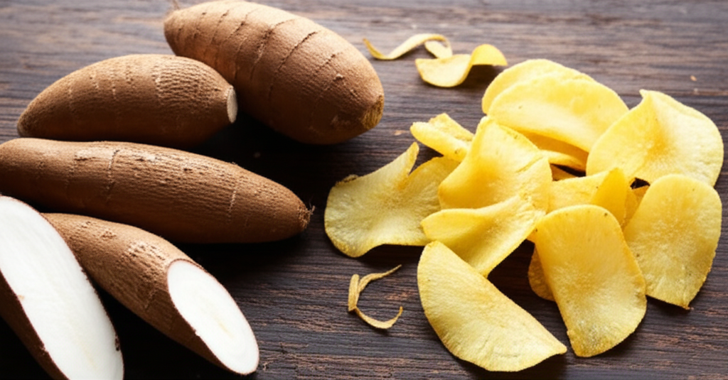 Fresh cassava roots and golden chips